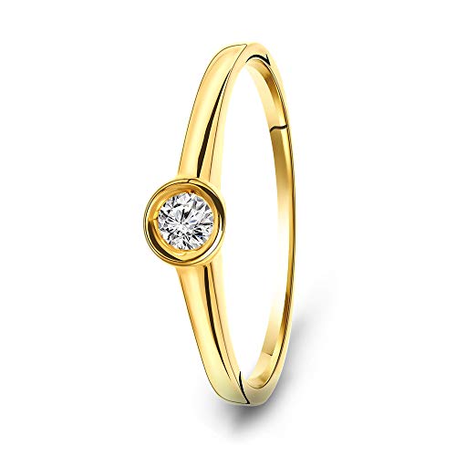 MIORE Bague Femme Bague de Fiançailles Solitaire avec Diamant 0.10 Ct en Or Jaune 9 Carat / 375 Or, Bijoux