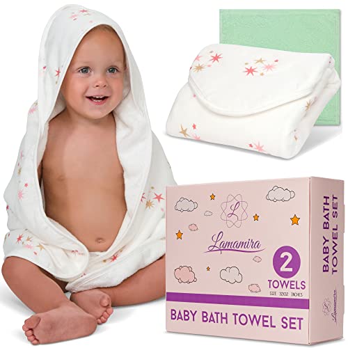 Image of Lamamira Hooded Baby Bath Towel - Soft, Absorbent and Quick-Drying Cloths - Cute Towels with Stars- Infant Drying Washcloth 32x32 (White)