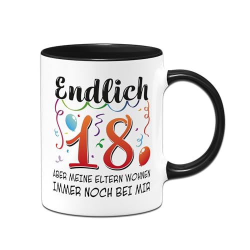 Tassenbrennerei 18. Geburtstag Tasse - Endlich 18 Aber meine Eltern wohnen immer noch bei mir - Geschenk lustig für Jungen & Mädchen zur Volljährigkeit - Geburtstagstisch (Schwarz) Tassenbrennerei 18. Geburtstag Tasse - Endlich 18 Aber meine Eltern wohnen immer noch bei mir - Geschenk lustig für Jungen & Mädchen zur Volljährigkeit - Geburtstagstisch (Schwarz)