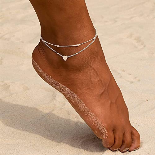 Image of ASCOMY Ankle Bracelets for Women 14K Gold Plated Anklet for Women Silver Layered Shining Tennis Anklet Dainty Beaded Bar Dot Pearl Satellite Link Chain Anklets Summer Beach Foot Chain Jewelry Gifts