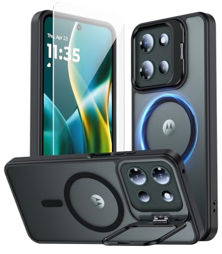 TOBOVON for Motorola Moto G 2025 Case, Fits MagSafe, with Built-in Camera Ring Stand & Sceen Protector, Slim Translucent Matte Military-Grade Drop Protection Magnetic Cover, Black