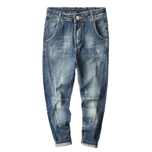 Men Hip Hop Harem Pants Stretch Retro Blue Loose Fit Patchwork Streetwear Casual Denim Pants