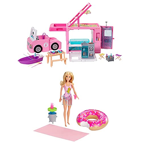 Barbie Exklusives Kombi-Angebot GHL93-3-in-1 Super Abenteuer-Camper mit Zubehör GHT20 Puppe und Spielset mit Donut…