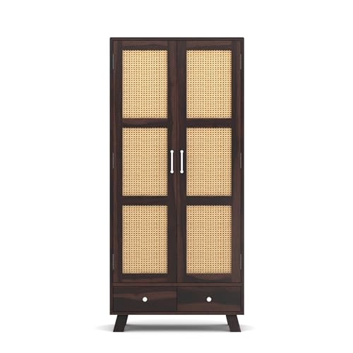 Image of Solid Wood 2 Door Wardrobe with Cane Design | Wooden Almirah with Storage Drawer | Modern Vintage Cupboard for Bedroom & Living Room (Walnut Finish)