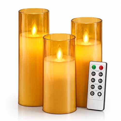Image of LTETTES Acrylic Fiber Glass LED Pillar Candle Set of 3 | Flameless with Flickering Wick | 2 AA Battery Powered with Remote | Perfect for Home Decor & Gifting | H 5.5'', 6.5'', 7.5'' D 2.3'' | Gold