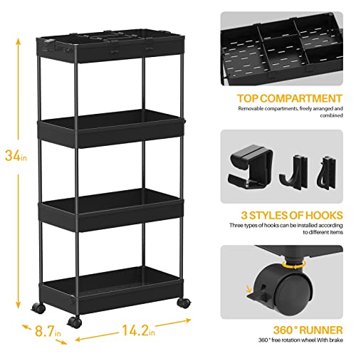 Image of SPACELEAD 4 Tier Rolling Cart with Wheels, Storage Craft Art Trolley Organizer Serving, 3 Hanging Baskets Easy Assembly, for Office, Living Room, Kitchen