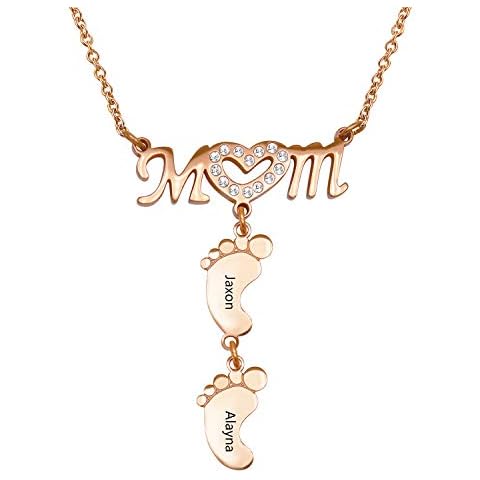 Pezebel Personalized Mom Necklace Heart Symbol with Baby Feet Necklace Sterling Silver Custom Engraved Name Mother Necklace Charm Gift for Mom Wife Pregnant Women (Rose Gold) Cover