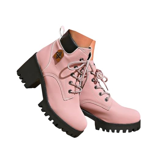 Xbemkste Women's Ankle Boots with Chunky Heel Casual Lace-Up Boots Short Biker Boots Round Toe Short Shaft Boots Elegant Ankle Boots Ankle Boots Transition Boots, pink, 5 UK