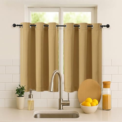 Image of Simplebrand Gold Short Cafe Curtains 36 Inch Length 2 Panels Set, Half Window Grommet Privacy Drape Tiers for Kitchen, Thermal Insulated Room Darkening Curtains for Bathroom Shades, W40 x L36