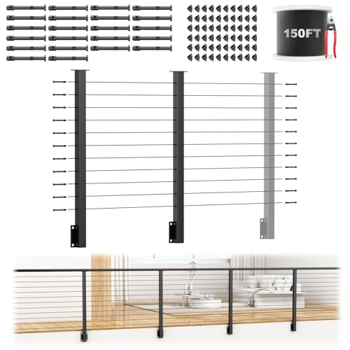 Image of 4-10ft Complete Set 36 inch Side Mount Level Railing Post Kit, 2 Pack Black Fascia Mount Level Drilled Post, 150ft 1 /8 inch Stainless Steel Cable(No Handrail), Swageless Cable Railing Kit, MY10-LP
