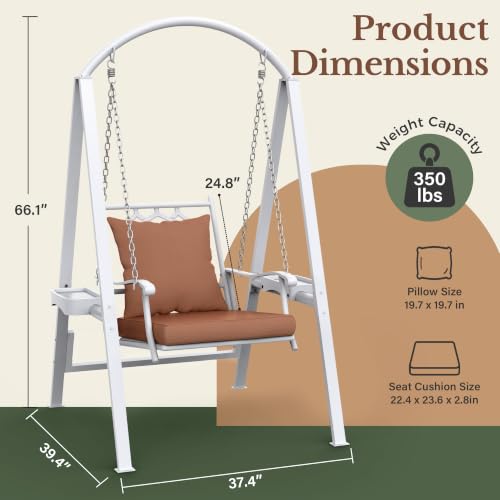 Image of Pamapic Porch Swing with Stand, 350lbs Heavy-Duty Metal Frame Outdoor Swing for Adults with Dual Side Trays, Adjustable Chains, Zippered Removable Cushion for Balcony, Backyard, Garden, White
