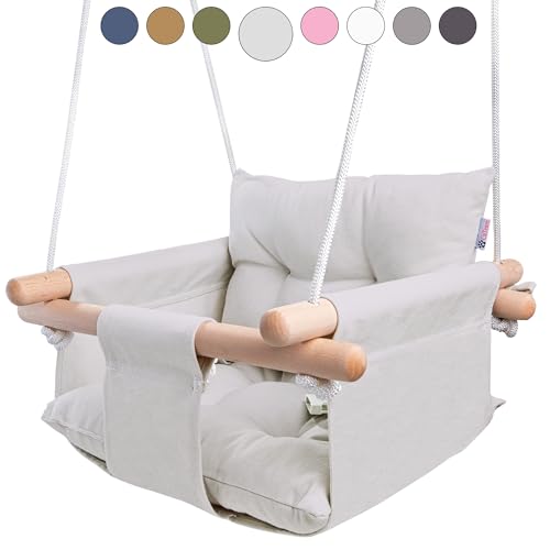 Image of CaTeam - Canvas Baby Swing, Wooden Hanging Swing Seat Chair with Safety Belt, Durable Baby Swing Chair, Outdoor and Indoor Swing for Kids, Mounting Hardware Included, Gray