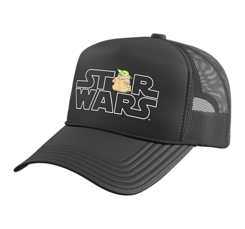 Star Wars Logo and Grogu from The Mandalorian Trucker Hat with Adjustable Mesh Back Black