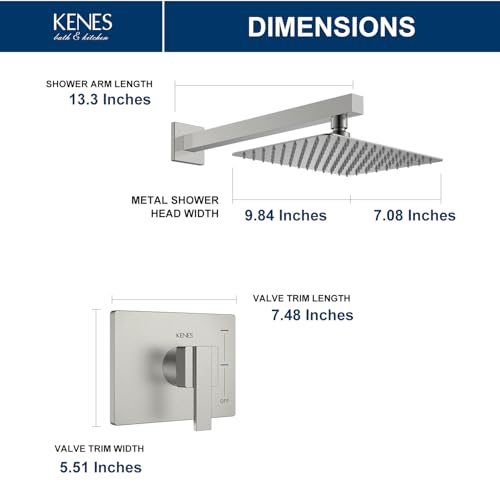 Image of KENES Brushed Nickel Shower Head and Handle Set, Square Shower Faucet Set