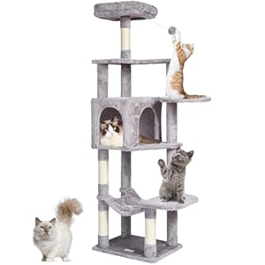 VEVOR Cat Tree for Indoor Cats, 60.6″ Cat Tower with Cat Condo, Sisal Scratching Post, Hammock, Top Perch, Jumping Platforms, Large Cat Furniture Activity Center with Hang Ball, Light Grey