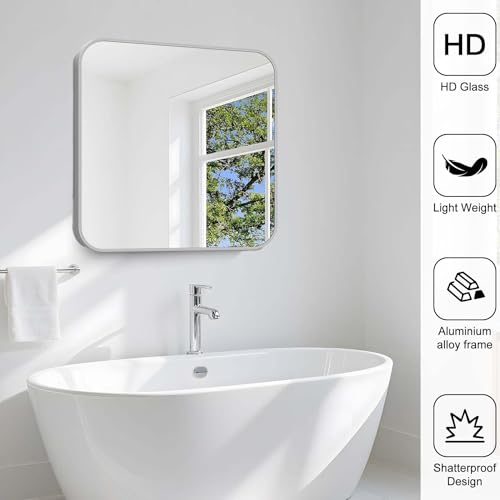 Image of Silver Bathroom Mirror, 30 x 30 Inch Silver Square Mirror, Metal Framed Rectangular Vanity Mirror, Rounded Corner Wall Mounted Mirror for Living Room Bedroom Entryway Hangs Horizontal /Vertical