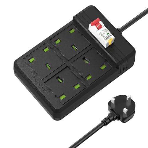 RCD Extension Lead with Earth Leakage Protection, SAFEMORE 4 Way Heavy Duty Power Strip with 3M Extension Cord/w Type A 30mA RCBO Protected Circuit Breaker for Garage/Pool Pump/Workshop - Black