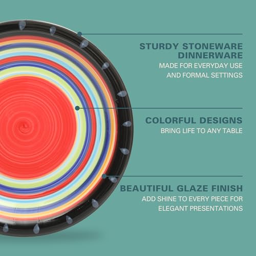 Image of Gibson Home Festival Rings 16-Piece Stoneware Dinnerware Set - Colorful Hand-Painted Plates, Bowls & Mugs, Service for 4, Dishwasher & Microwave Safe Vibrant Tableware