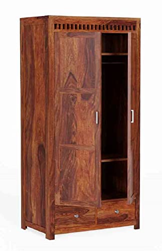 Image of WOODLAB Furniture Sheesham Wood Two Door and Drawer Storage Wardrobe for Home Wooden Almirah for Bedroom (Honey Finish)