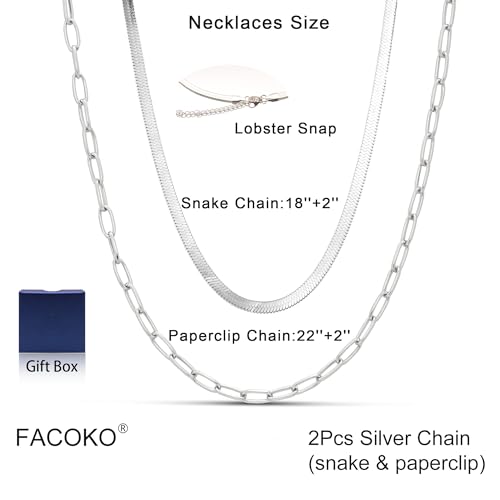 Herringbone Necklaces for Women, Hypoallergenic 18K Real Gold Plated Choker Necklace for Men Girls, 2Pcs Silver Necklace Set, Layering Necklaces(Individual Lobster Clasp)2