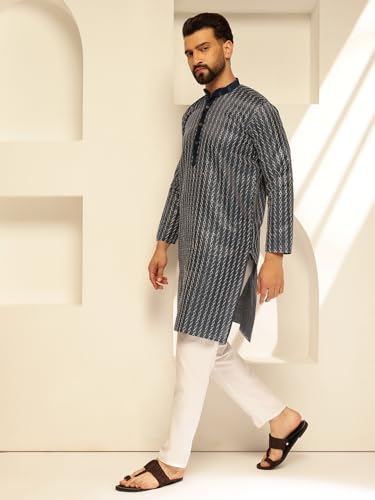 Image of SOJANYA (Since 1958 Men's Silk Blend Contrast White Thread Detailing Kurta With White Pyjama