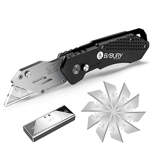 BIBURY Cuchillos Utilitarios, Cuchillo Plegable Portátil, Versión Actualizada Cúter Professional, con 10 Cuchillas de Acero Inoxidable SK5, Clip para Cinturón, Bloqueo de Seguridad Cortador (Negro)