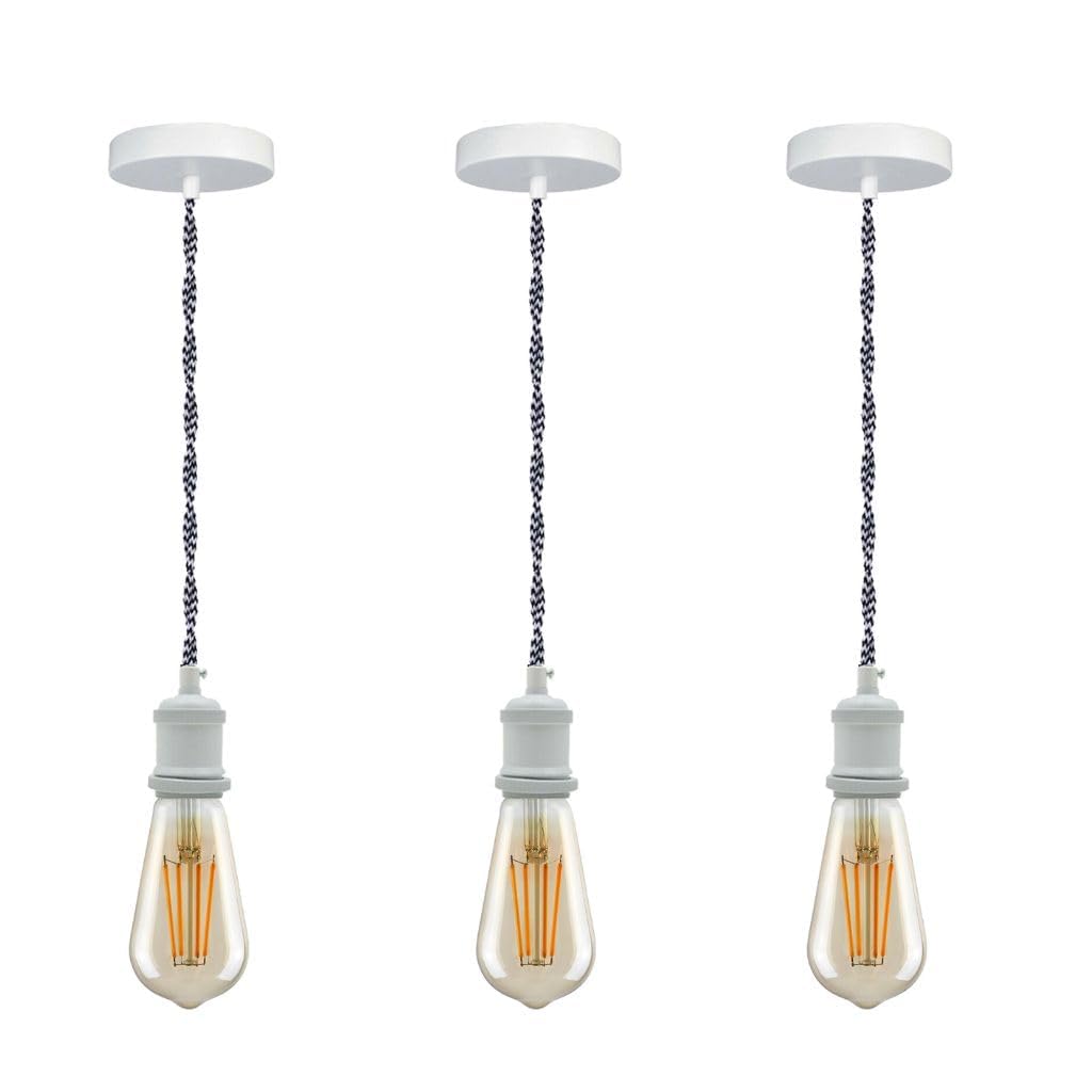 DC VOLTAGE Vintage E27 Pendant Light Fitting – Brass Hanging Ceiling Lamp Kit with Twisted Fabric 2m Cable & Rose – Industrial Retro Style for Kitchen, Bar, Dining Room- Pack of 3