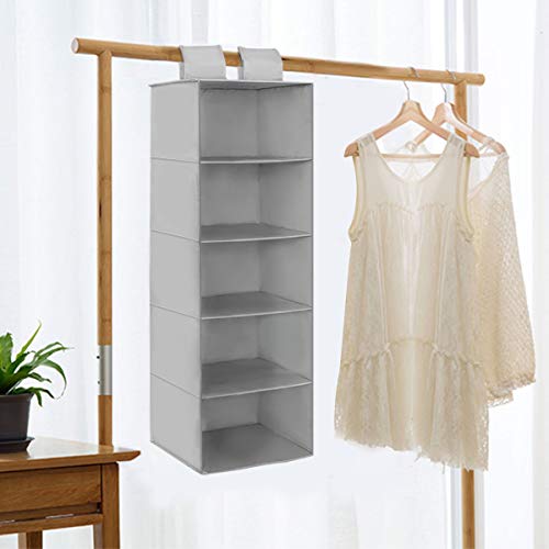 Hangende Opberger Opslag met 5 Vakken, Opvouwbare Hangende Organizer Stoffen Kast Garderobekast, Kleerkast Opslag Organisator Hangend Plank Systeem, Hanging Wardrobe Organiser Storage Shelves (Grijs)