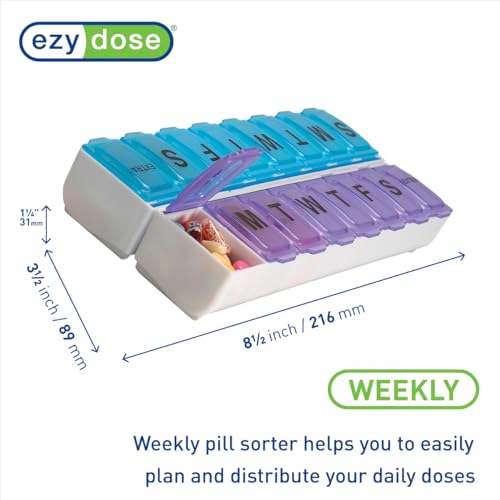 Image of Ezy Dose Weekly (14-Day) Pill Organizer, Large Medicine Case, Blue /Purple | Daily Vitamin Box & Supplement Planner, 2 Detachable Weeks + Extra, Snap Compartments, Compact & Travel-Friendly, BPA-Free