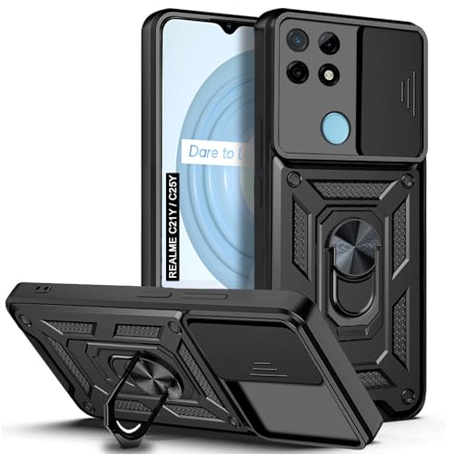 Image of AESTMO Tough Armor Realme C21Y / C25Y Bumper Back Case Cover | Ring Holder & Sliding Camera Shield Cover | 360 Degree Protection Back Case Cover for Realme C21Y / C25Y (Black)