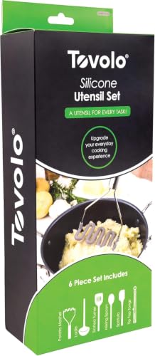 Image of Tovolo Silicone Cooking Utensil Set of 6 Stainless Steel Handle Ladle Slotted Turner Tongs Flex Core Spatula Scraper Mixing Spoon & Potato Masher, Dishwasher Safe BPA Free Utensils, Oyster Gray
