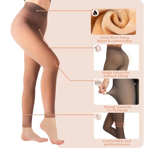 Image of X-CHENG 2 Pairs Fleece Lined Tights Women-Thermal Pantyhose leggings Women,Fake Translucent Skin Colored Tights for Winter