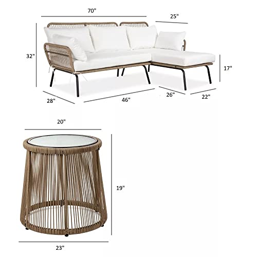 Image of DEVOKO 3 Piece Patio Conversation Set L-Shaped Sectional Sofa with Thick Cushions and Glass Top Coffee Table for Garden, Pool, Balcony (Beige & White)
