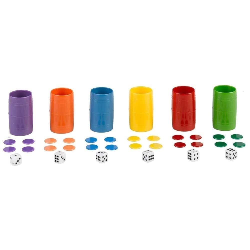 Falomir - Set de 6 Cubiletes de Plástico | Multicolor | con Caja de Plástico y 24 Fichas | 6 Dados Incluidos | Diversión y Entretenimiento | 2+ Jugadores (Edad +4)