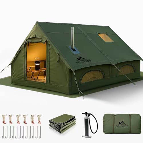 13' x 10' Large Inflatable Tent for Camping 8-10 Person, 4 Season Blow Up Tent with Stove Jack, Easy Setup Hand Pump, Inflatable House for Outdoors