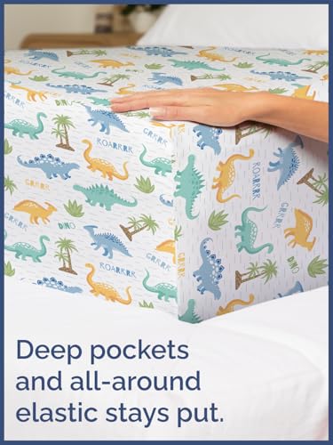 Image of Kids Queen Roaring Dinos Bed Sheets - 4 Piece Kids Roaring Dinos Sheet Set | Roaring Dinos Themed Bedding, Ultra-Soft, Cute & Cozy, Breathable & Machine Washable, Bed Set for Boys, Girls & Teens, Comfy