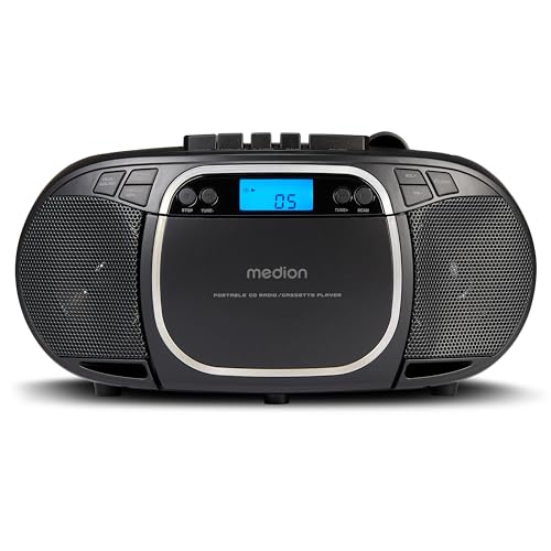 MEDION E66476 Stereo Sound System (Boombox, Lecteur CD, MP3, Cassette, Lecteur de Cassette Portable pour Enfants, Radio FM, AUX, écouteurs, Secteur &...