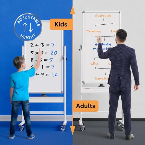 Image of Rolling Dry Erase Board 24 x 48 - Large Portable Magnetic Whiteboard with Stand - Double Sided Easel Style Whiteboard with Wheels - Mobile Standing White Board for Office, Classroom & Home