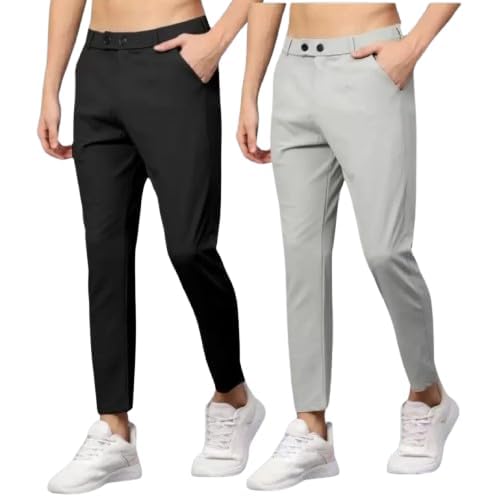 Image of Men's Slim Fit Casual Trousers Combo Pack of 2 | Stretchable Formal Pants for Men | Mid Rise Smart Office & Casual Wear Ankle Length Trouser