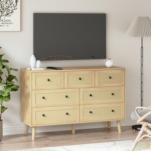 HOUROM Rattan Dresser for Bedroom with 7 Drawers, Natural Wood Durable Dressers & chests of Drawers with Black Handles, Chest of Drawers for Bedroom, Nursery, Entryway, Hallway - Image 7