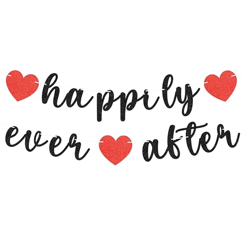 Image of Pre-Strung Happily Ever After Banner - Black Glitter Bachelorette Bridal Engagement Party Decoration Supplies, Bachelorette Wedding Party Banner for Engagement, Bridal Shower, Wedding Party Photo Booth Props