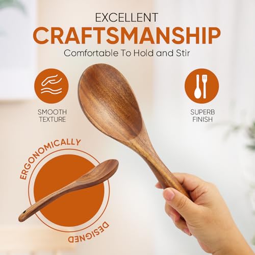 Image of EZuncle 6 Piece Wooden Cooking Spoon Set - Ideal for Non-Stick Pans, Heat Resistant Solid Wood, Smooth Teak Cutlery for a Comfortable Grip - Lightweight and Durable - Easy to Clean(6 PCS Large)