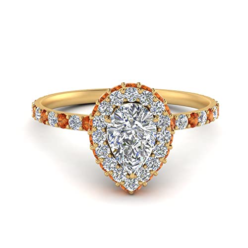Image of Choose Your Gemstone Pave Rollover Pear Halo Engagement Ring Yellow Gold Plated Pear Shape Halo Engagement Rings Matching Jewelry Wedding Jewelry Easy to Wear Gifts US Size 4 to 12