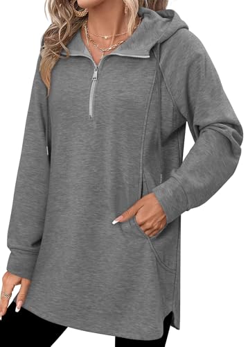 onlypuff Women Hoodie Pullover Trendy Quarter Zipper Lapel Sweatshirts Drawstring Cute Hooded Tunic Tops with Side Pockets