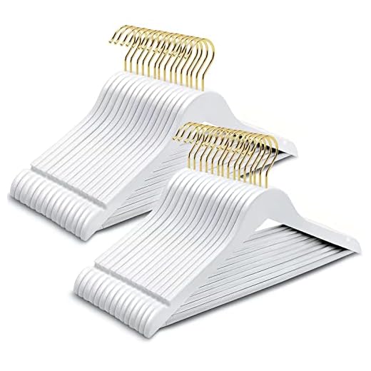 Amber Home 30 Pack Solid Wood Suit Coat Hangers, Smooth White Finish Wooden Dress Hangers with Non Slip Pant Bar, Clothes Hangers with Gold Hook & Notches for Jacket, Pant, Shirt (White+Gold, 30)