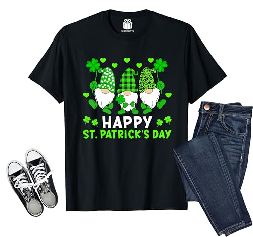 Happy St Patricks Day Three Gnomies Holding Shamrock Leopard Plaid Shirt for Women Girls Men Boys Kids Toddler
