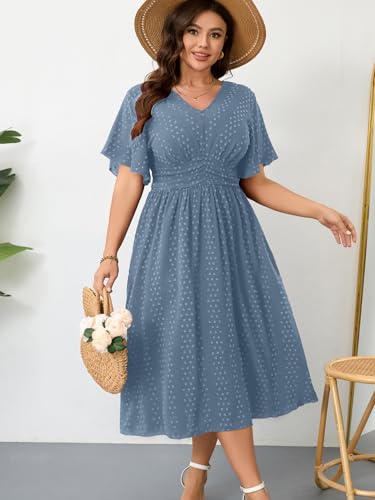 Image of RWJ Women's Plus Size Maxi Dress V Neck Short Sleeve Swiss Dot A Line High Waist Boho Swing Casual Summer Dresses