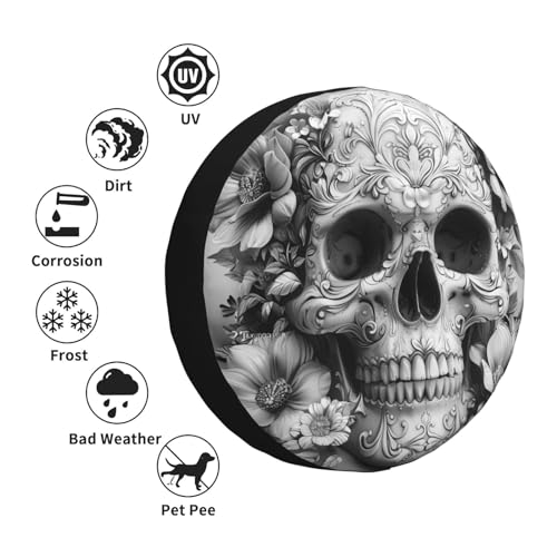 Image of Skull with Flowers Spare Tire Cover, Universal Wheel Tire Cover Funny Skull Skeleton Tire Protectors for Trailer RV SUV Truck Camper 17 Inch