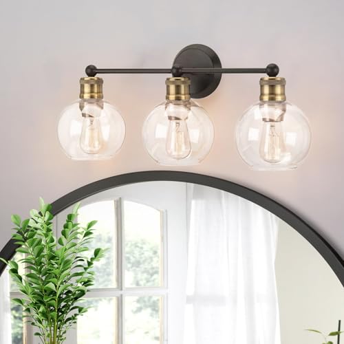 Spiegelleuchte Bad Wandlampe Vintage Wandleuchte E27 Indoor Wandbeleuchtung mit Glas Lampenschirm Wandleuchten Metall (Ohne Leuchtmittel) für Schlafzimmern Wohnzimmer Flur (Schwarz Gold,3 Flammig)