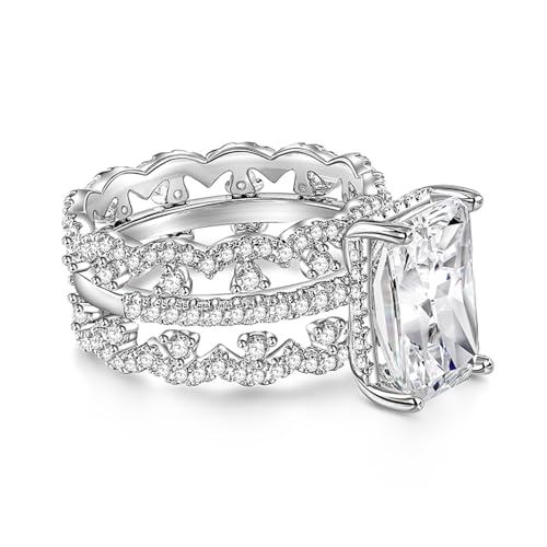 Image of Jeulia 3pcs 6.9ct Radiant Cut Moissanite Rings for Women; Silver Diamond Wedding Rings for Women 14K White Gold Plated Engagement Promise Eternity Ring Band for Her with Jewelry Gift Box (White Diamond, 8)